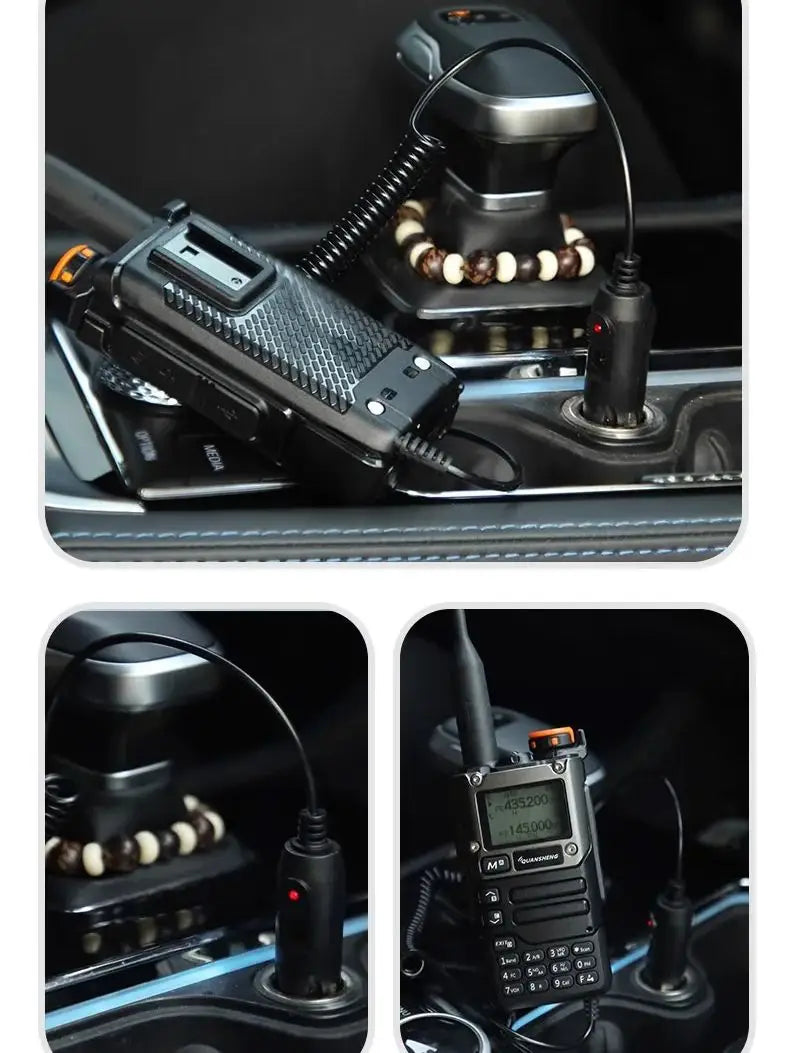 Schwarzes robustes UV-K5 Funkgerät mit strukturierter Griffoberfläche und orangefarbenen Akzent-Tasten mit digitalem Display zur Anzeige der Kanalfrequenz, für die Verwendung mit dem Akkueinsetzer für das Auto.