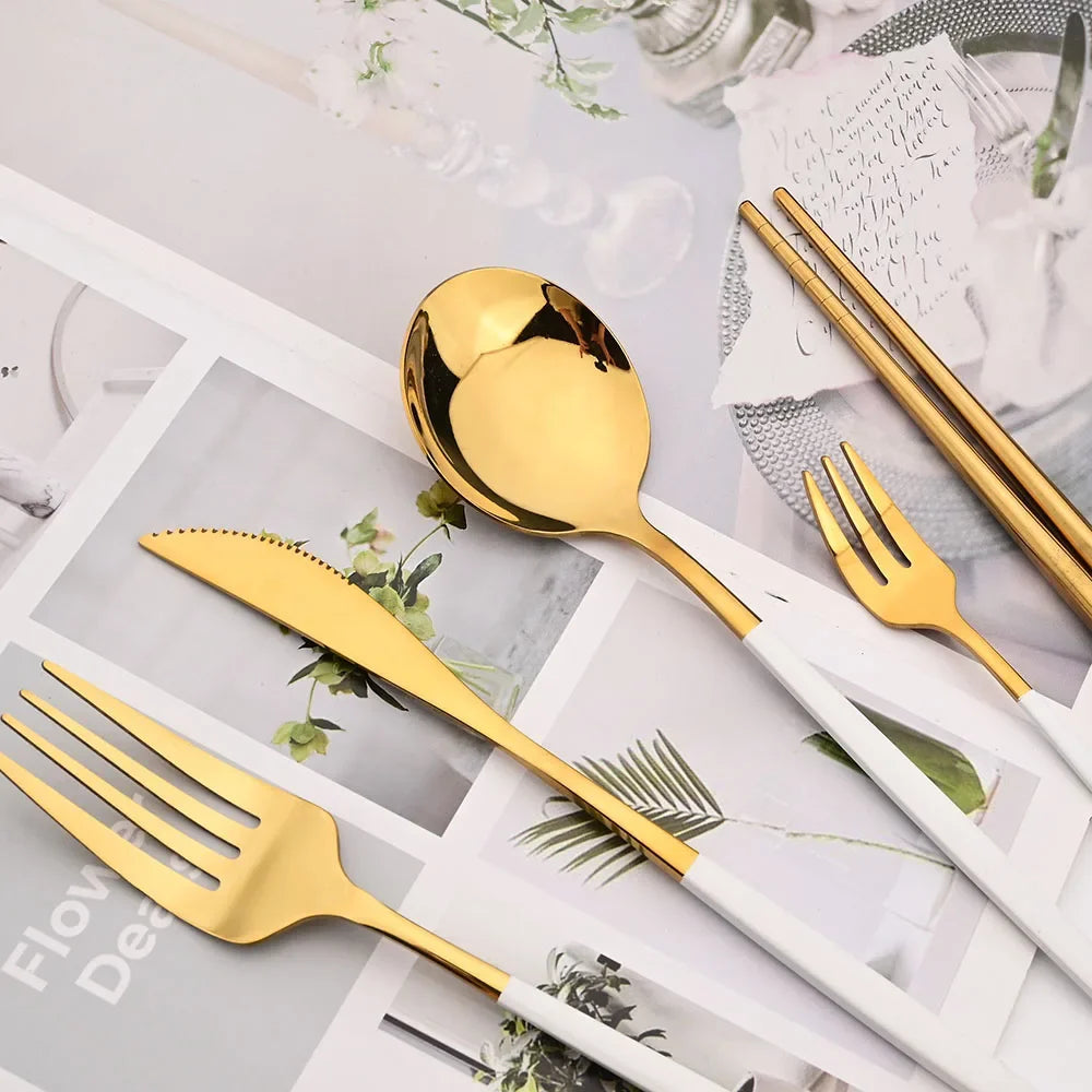 18Pcs Black Gold Dinnerware Dinner Spoons Chopsticks Cutlery Set Stainless Steel Tableware Sets Kitchen Home Silverware Set