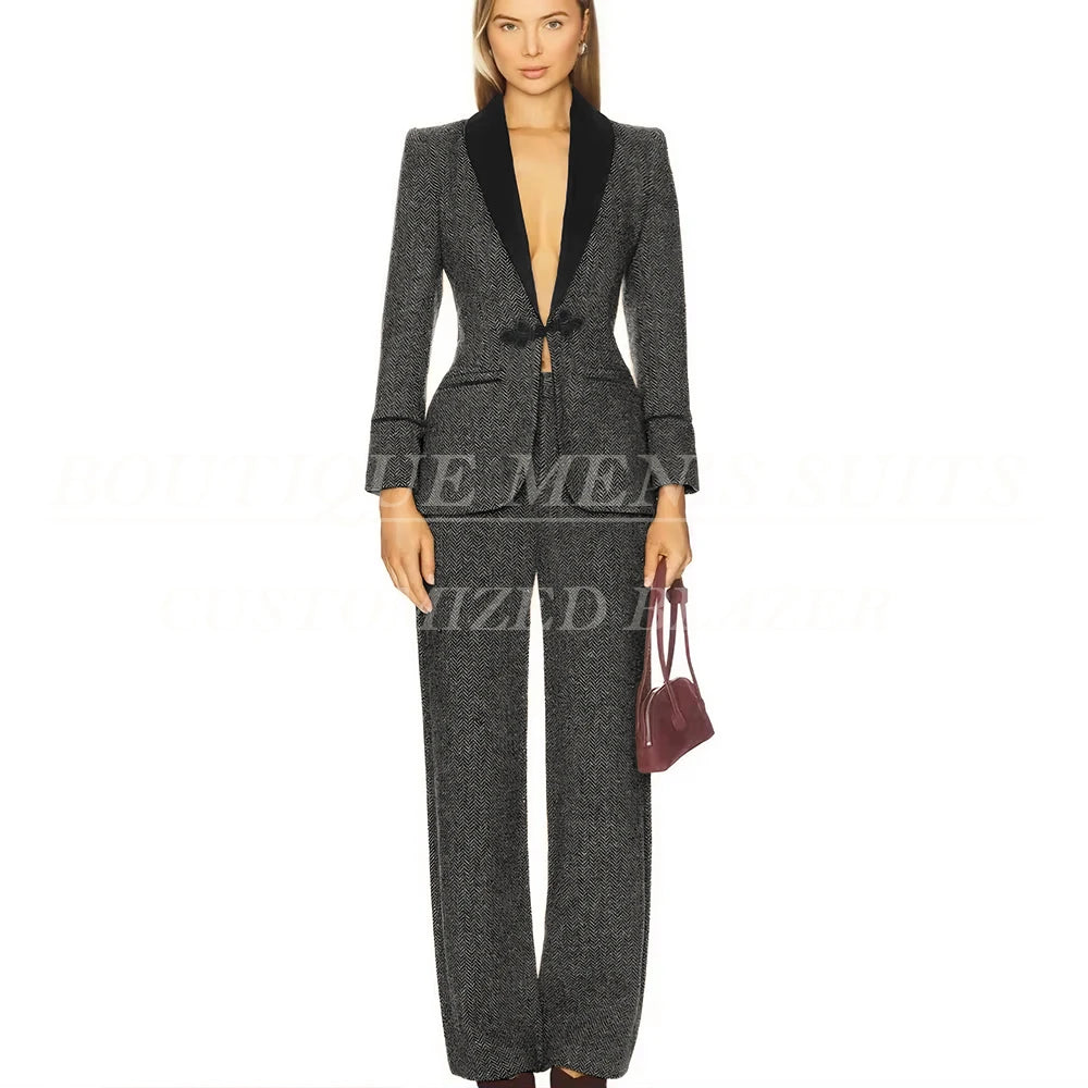 Formal Women's Suits Tweed Single Button Shawl Lapel Slim Fit 2 Piece Jacket Pants Luxury Office Lady Female Clothing Outfits