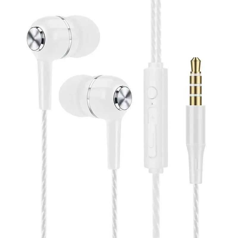 Casque de jeu filaire intra-auriculaire Vikefon avec microphone, doté d’écouteurs blancs avec des accents métalliques argentés, d’une prise audio 3,5 mm à pointe dorée et d’un module de commande en ligne sur le câble.