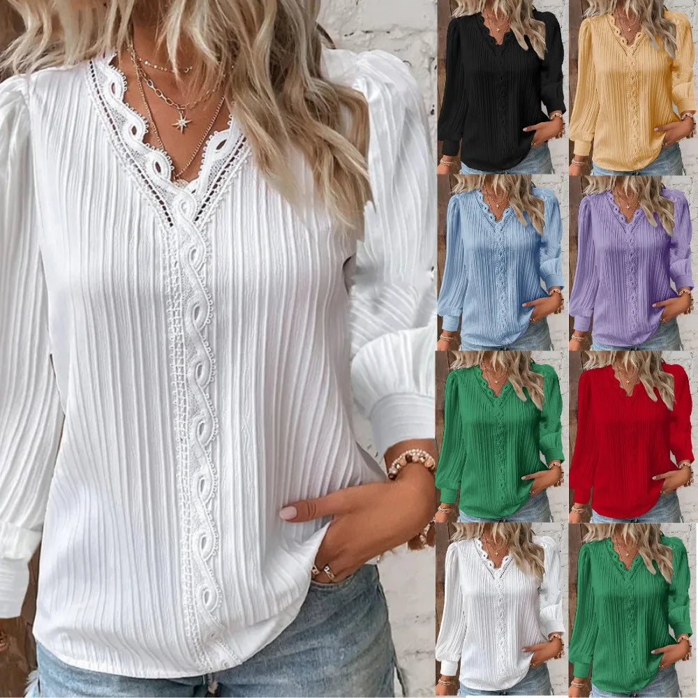 Elegant Women's Long Sleeve Shirts 2025 Autumn V-neck Lace Patchwork Shirt Women Tops Blusas Mujer Блузки Blusen Damen