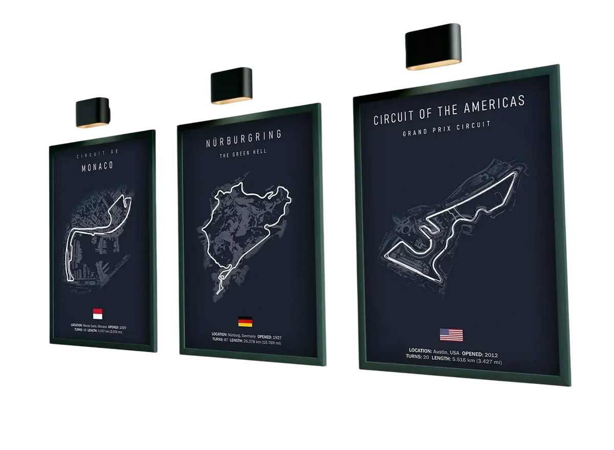 Three framed f1 imola monaco track circuit canvas paintings with white line drawings on dark blue home decor backgrounds