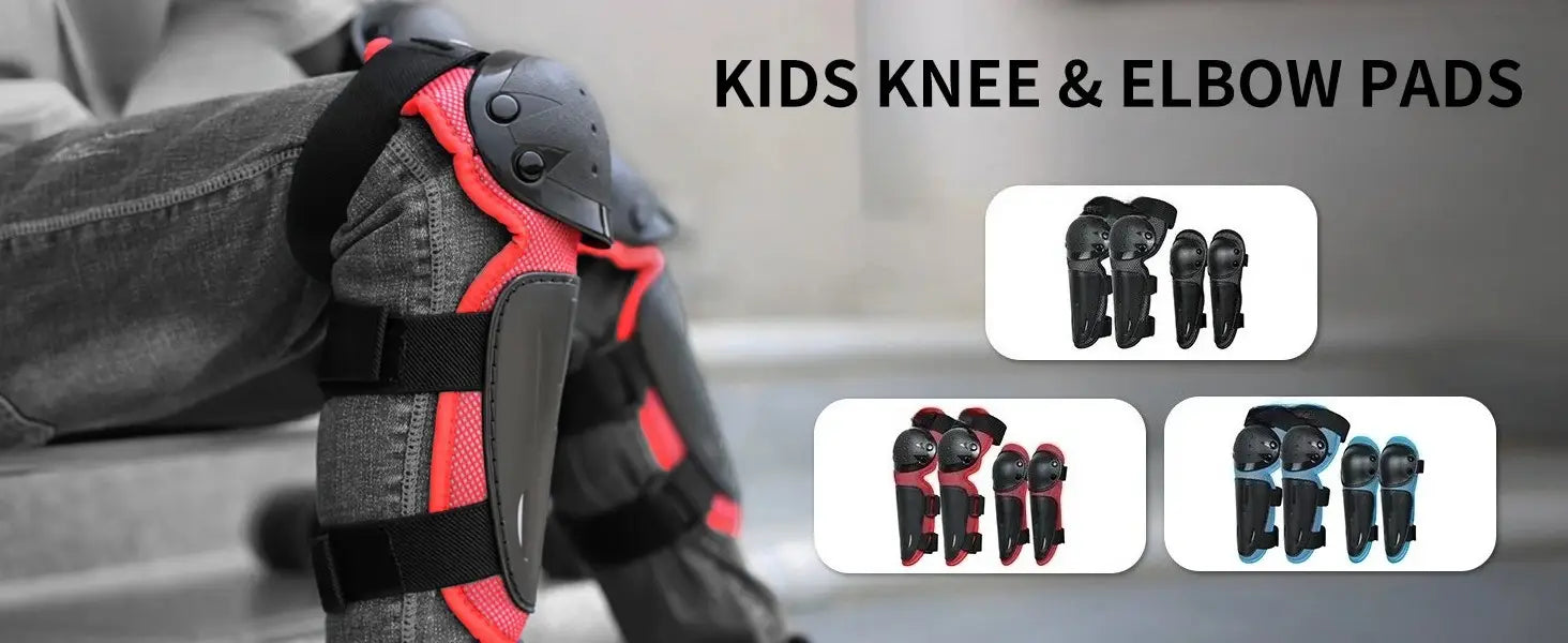 Rodilleras rojas y negras para niños con correas ajustables de material resistente, para juegos de protección para ciclismo y patinaje