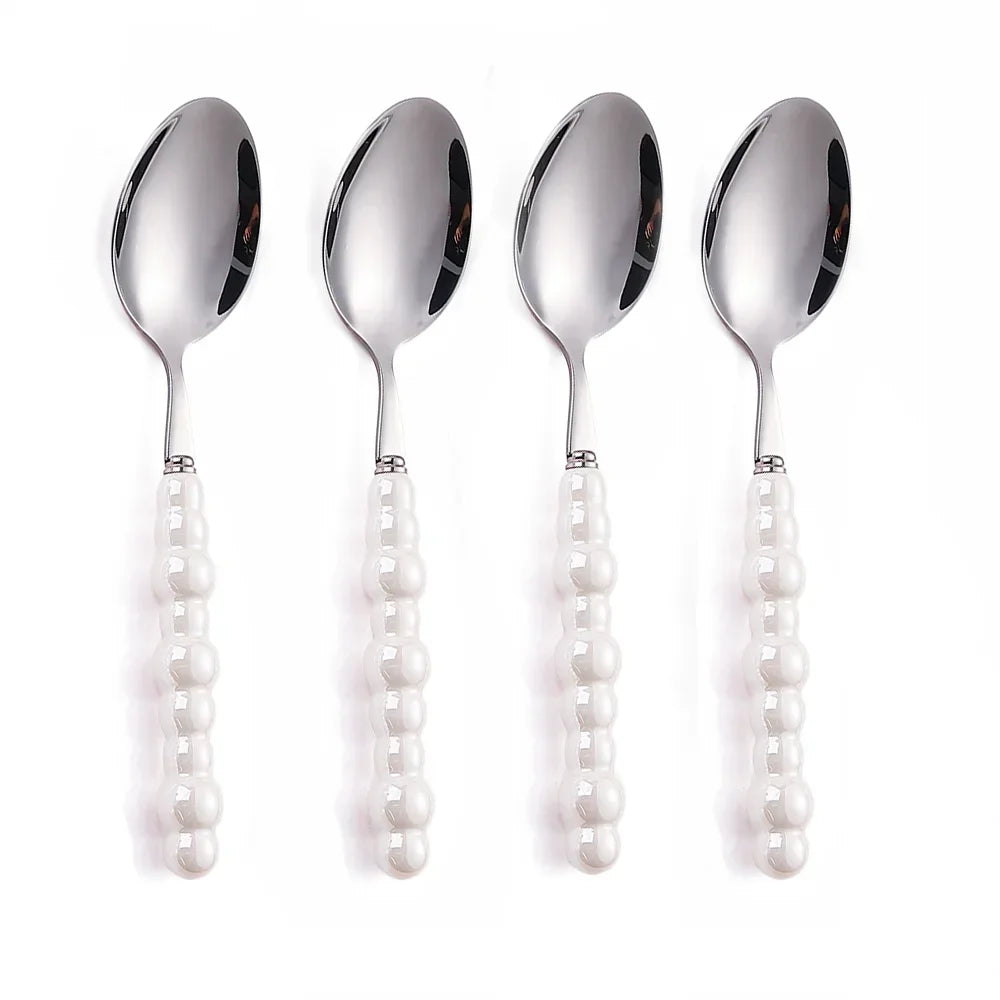 4Pcs Luxury Dinnerware Set Ceramic Pearl Handle Stainless Steel Spoon and Fork Set Western Silver Cutlery High-looking Tableware