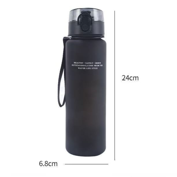 Black matte finish digital circus water bottle with transparent screw-on lid, attached black strap, white text, and 650ml capacity.