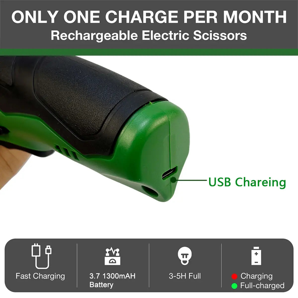 green and black cordless electric scissors with usb rechargeable fabric cutter and charging port