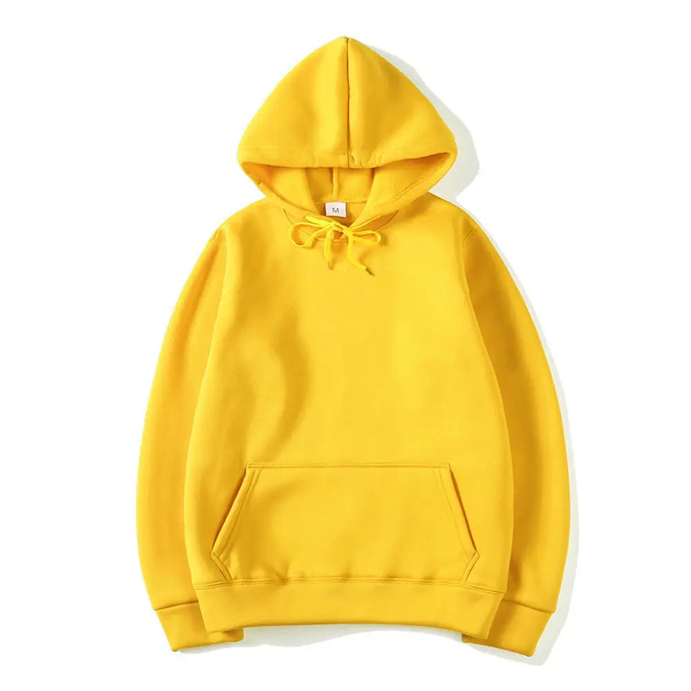 sudadera con capucha oversize negra lisa para hombre, con una sudadera con capucha amarilla intensa, bolsillo frontal y cordones a juego.