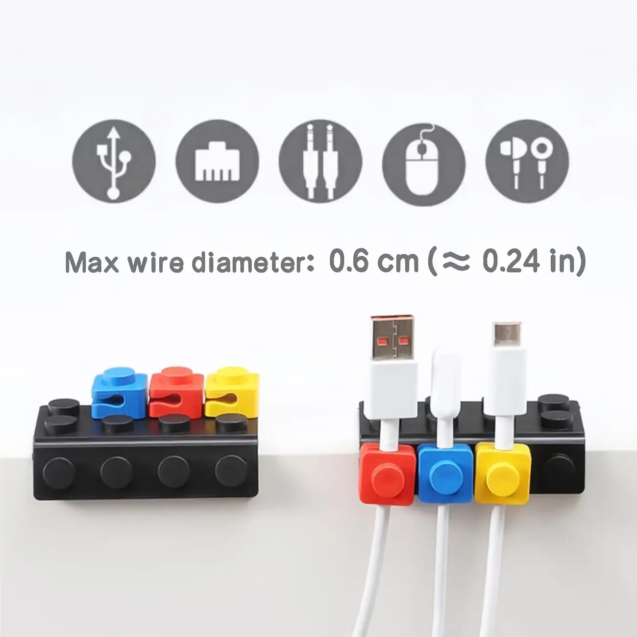 modular brick cable organizer 2 sets featuring colorful lego-style usb cable holders with black base and red blue yellow caps for organized cable management