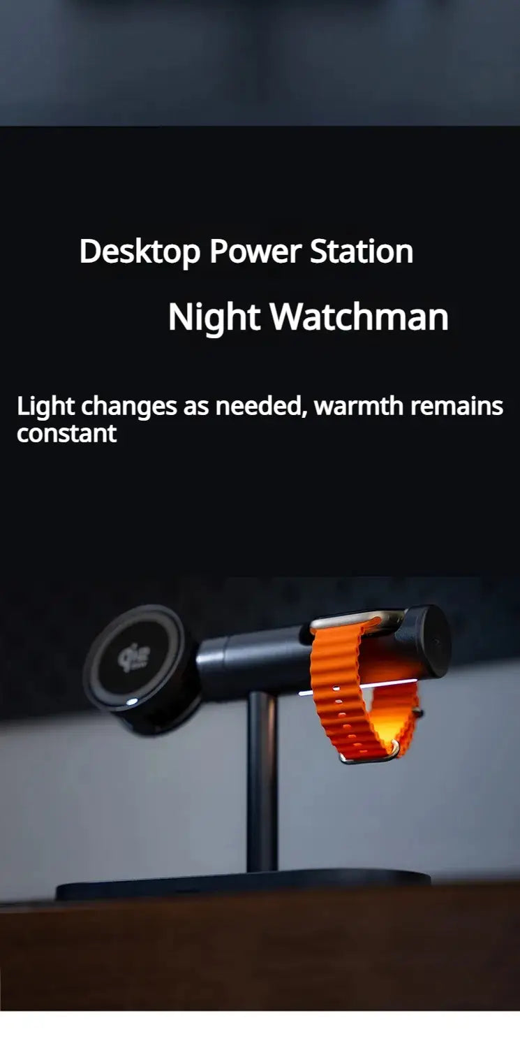 Bracelet de montre en silicone orange présenté sur une station de charge sans fil noire 25 W 7-en-1 à charge rapide pour une charge rapide et efficace des appareils.