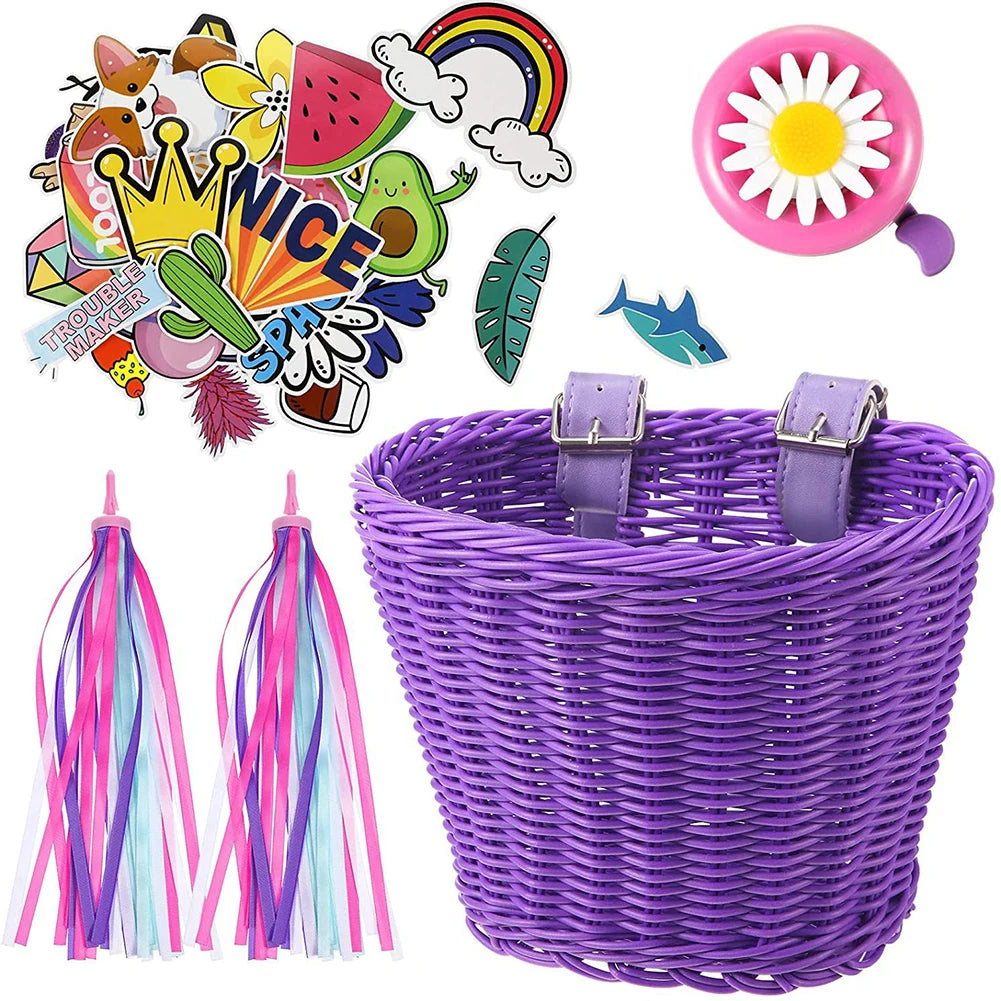 Kids Bicycle Basket+Bell+Tassel+Stickers Set Kids Front Handlebar Rattan Handwoven Bike Basket Cycling Accessories