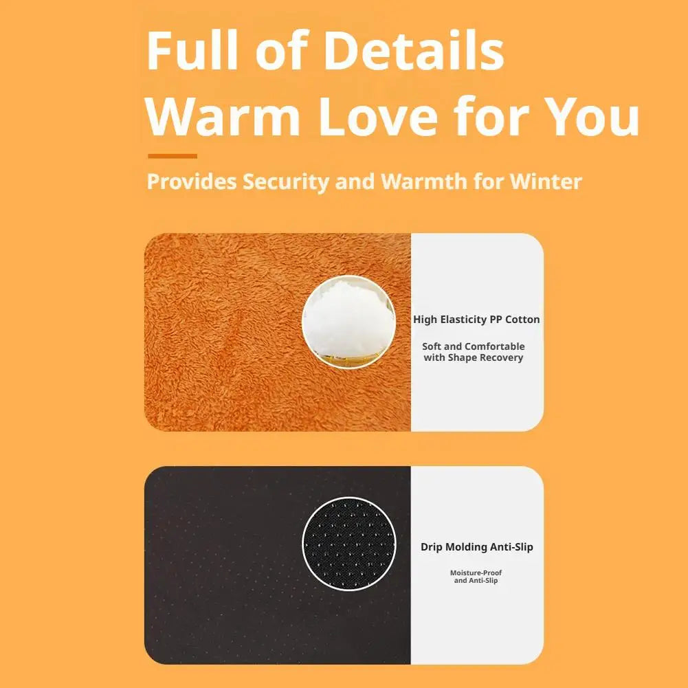 warm orange pet bed measuring 33x32x30cm with textured high elasticity pp cotton fabric and black drip molding anti-slip base for cats.