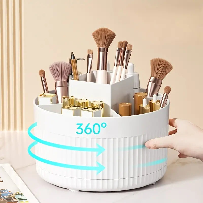 Drehbarer Kosmetikorganizer aus weißem geripptem Kunststoff mit mehreren Fächern zur Aufbewahrung von Pinseln und Lippenstiften