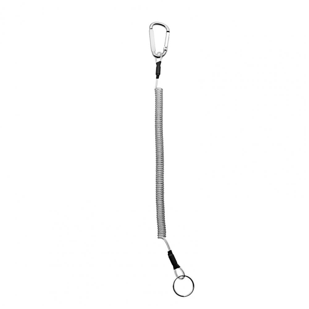 Silver retractable coiled spring anti-lost lanyard keychain with a carabiner clip and a small ring for secure attachment.