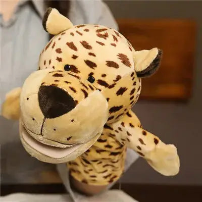 A plush leopard hand finger puppet made of tan and brown spotted soft fabric with embroidered facial features designed as an educational baby toy featuring lion elephant bunny characters.