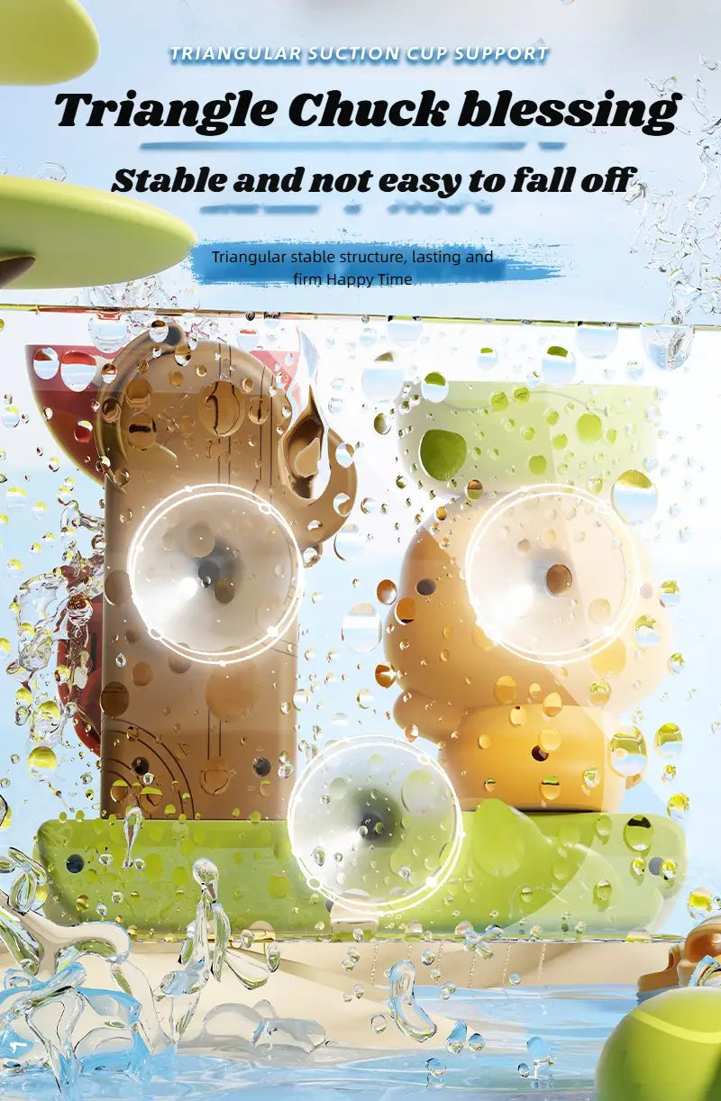 「duck waterwheel bath toy suction cup kids tub set」用の、茶色と黄色のプラスチックで作られた三角形の吸盤サポートで、安定したしっかりした設計が特徴です。