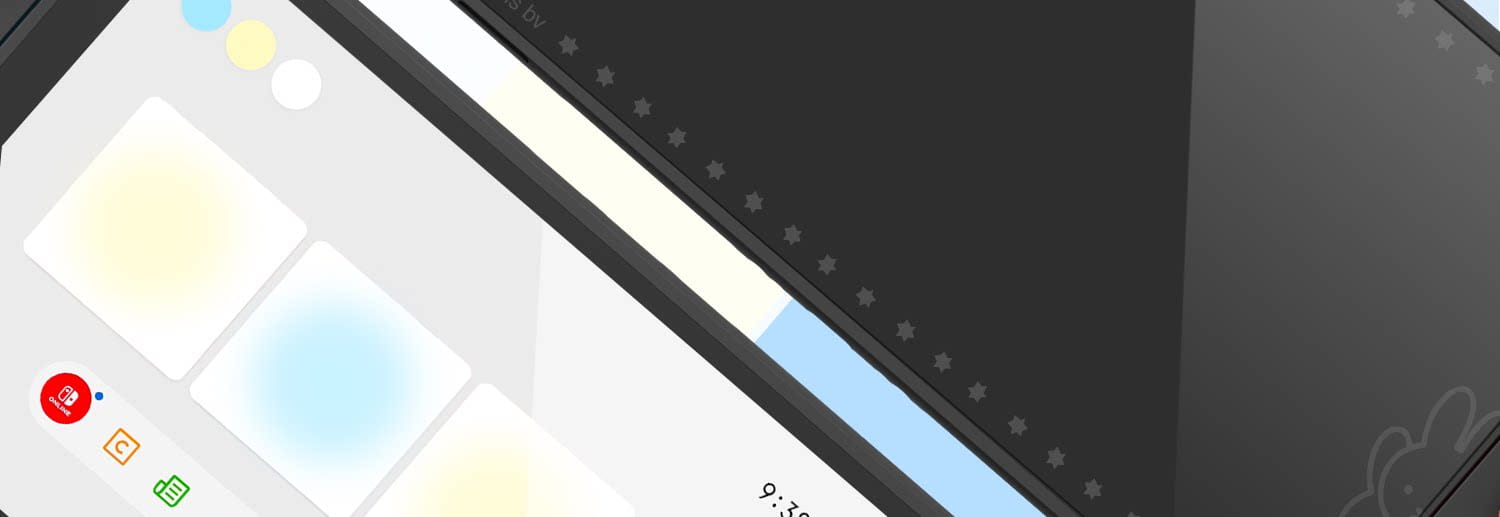Pantalla negra de tableta que muestra una interfaz digital con muestras de color e iconos, protegida por un protector de pantalla de vidrio templado para Miffy Switch.