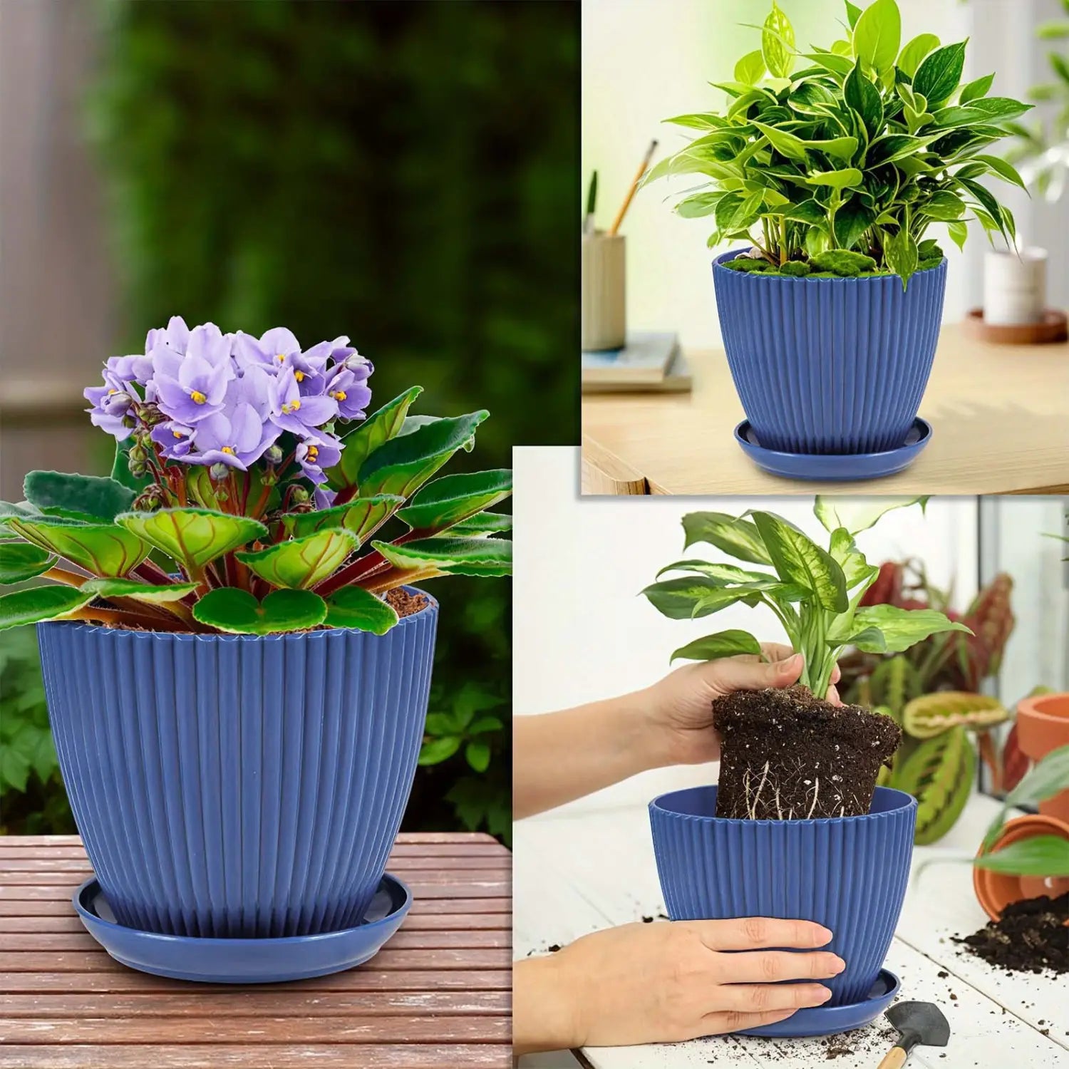 屋内および屋外の植物の手入れのために設計された、青色のリブ加工プラスチック製育苗ポットと同梱の受け皿。