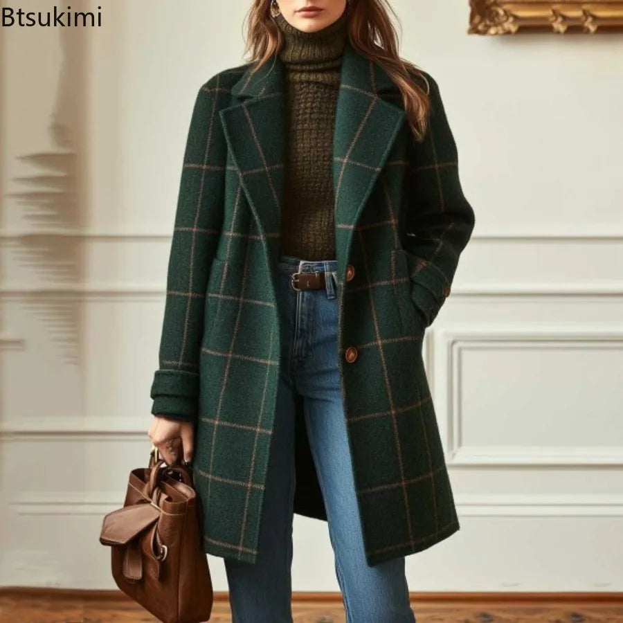 Winter Women's Wool Mid Length Coats Jackets Blends Plaid Turn Down Collar Coat Thick Warm Y2k Streetwear Jacket Work Outerwear