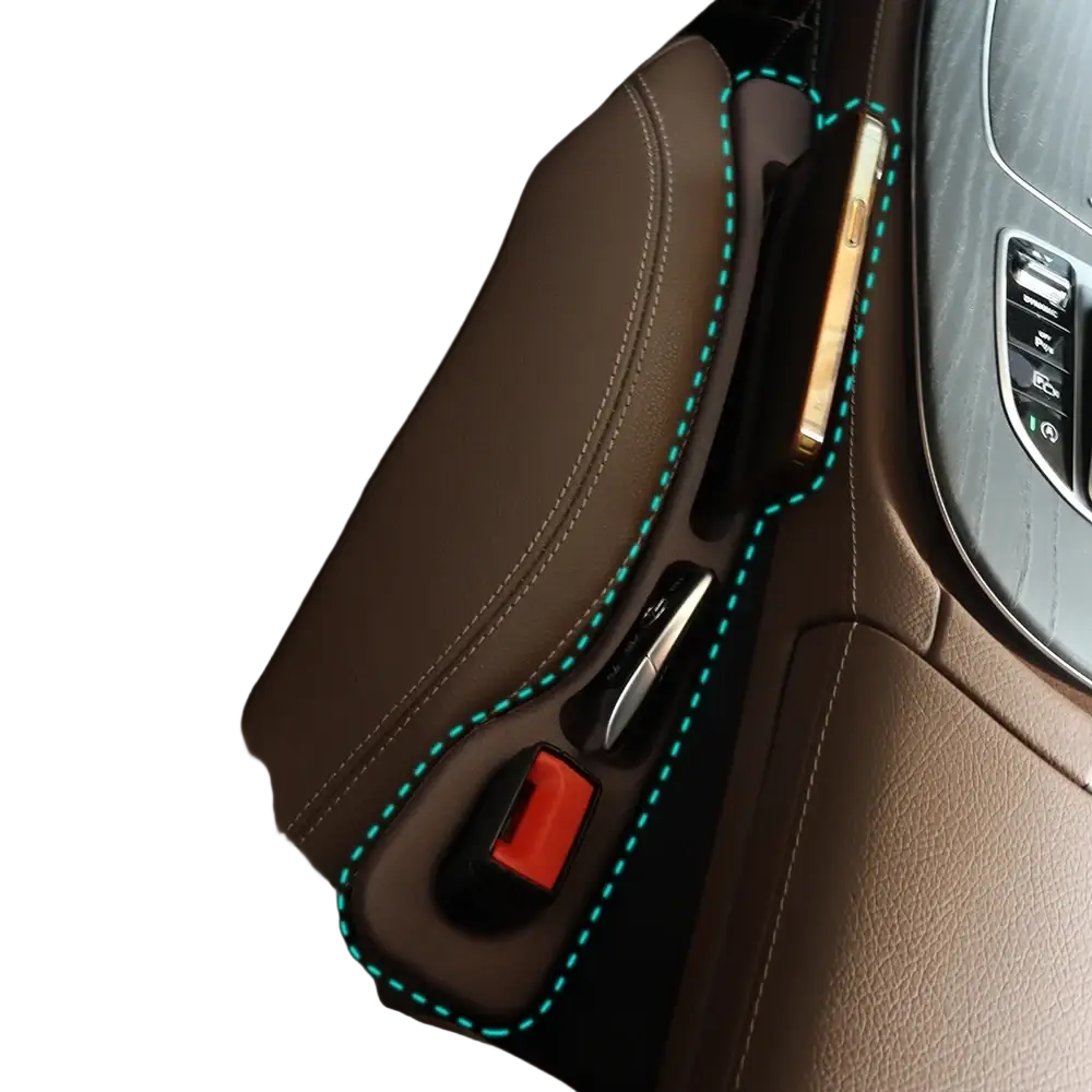 Yalumei car seat side pocket organizer with brown leather finish and teal stitching for class amg glc ml slk models
