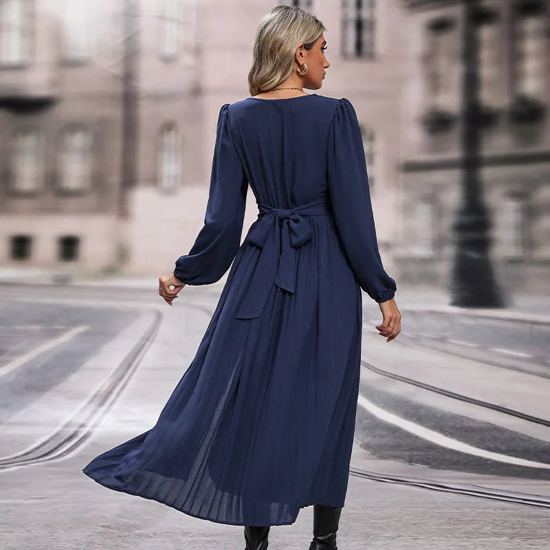 Elegant Party Dresses Woman Autumn and Winter Solid Color V Neck Long Sleeve Midi Dress with Side Slit Waist Wrap