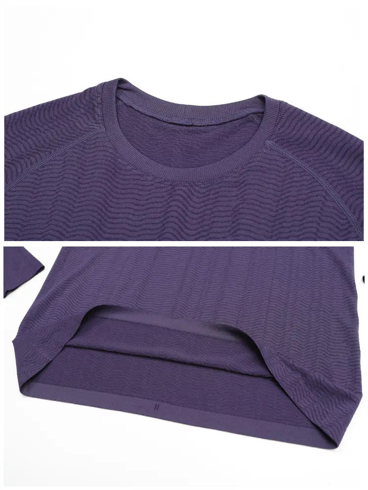 Men’s quick dry long sleeve athletic fishing shirt in purple featuring a subtle wavy texture and ribbed neckline.