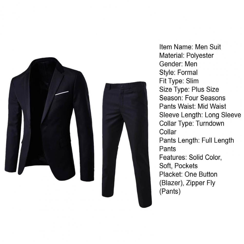 Traje formal de poliéster negro para hombre, de color sólido, corte slim fit, con chaqueta de un botón de manga larga y pantalones con bragueta de cremallera, con largo de pantalones estándar.