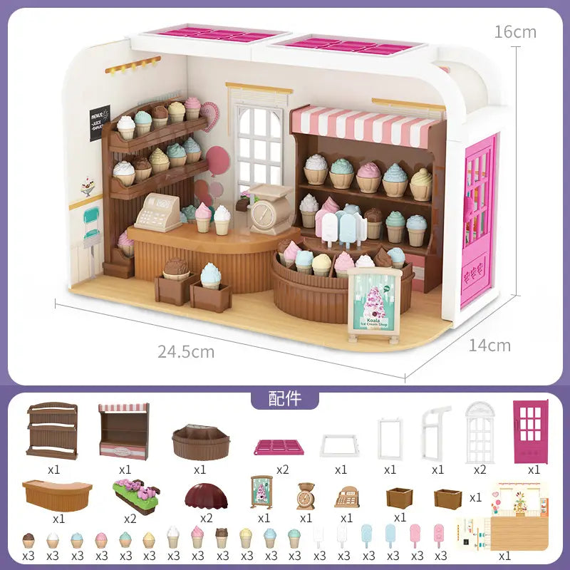 ミニチュアのアイスクリームショップの展示の上に取り付けられた、ピンクと白のストライプ柄の布製ひさしが特徴のミニチュアドールハウス家具およびプレイセット玩具。