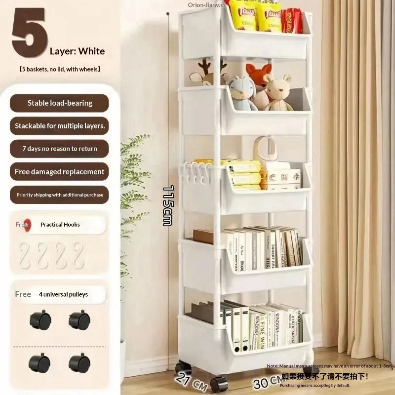5-Tier Storage Rack - Kids Toy Organizer, Kitchen Snack Rack, Movable Shelf with Side Hooks for Home Organization & Storage