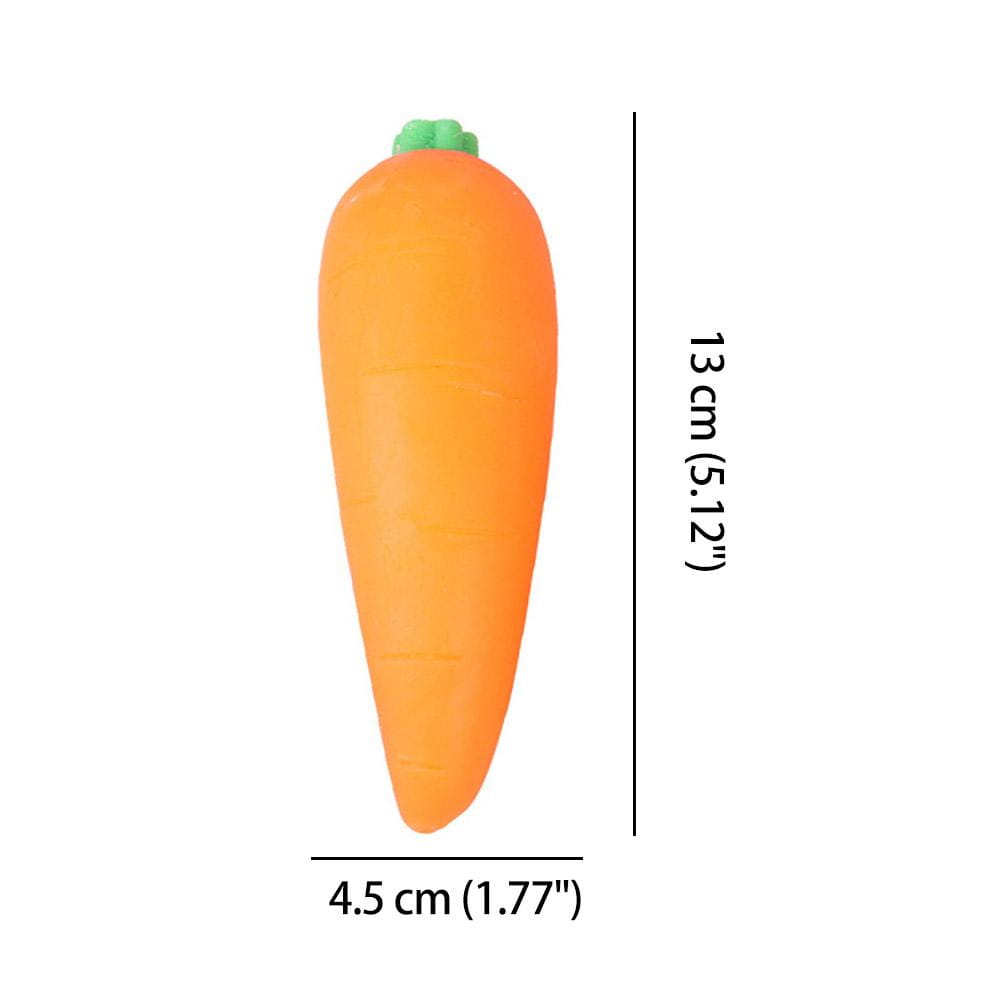 Juguete de estrés esponjoso en forma de zanahoria de elevación lenta color naranja con tapa verde, diseñado como una pelota antiestrés blanda de goma.