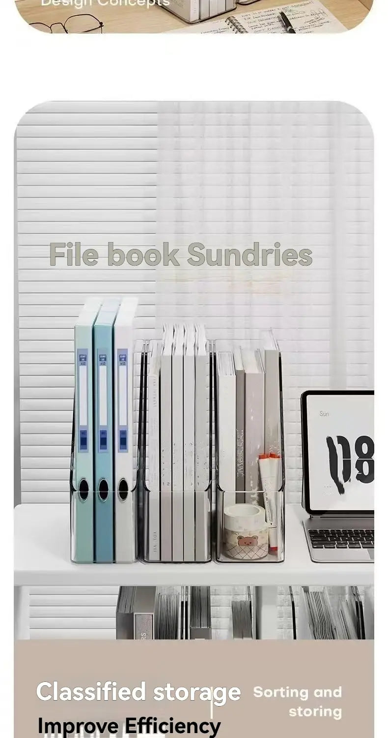 Clear acrylic desktop book stand and file organizer with a sleek modern design holding multiple binders and documents.
