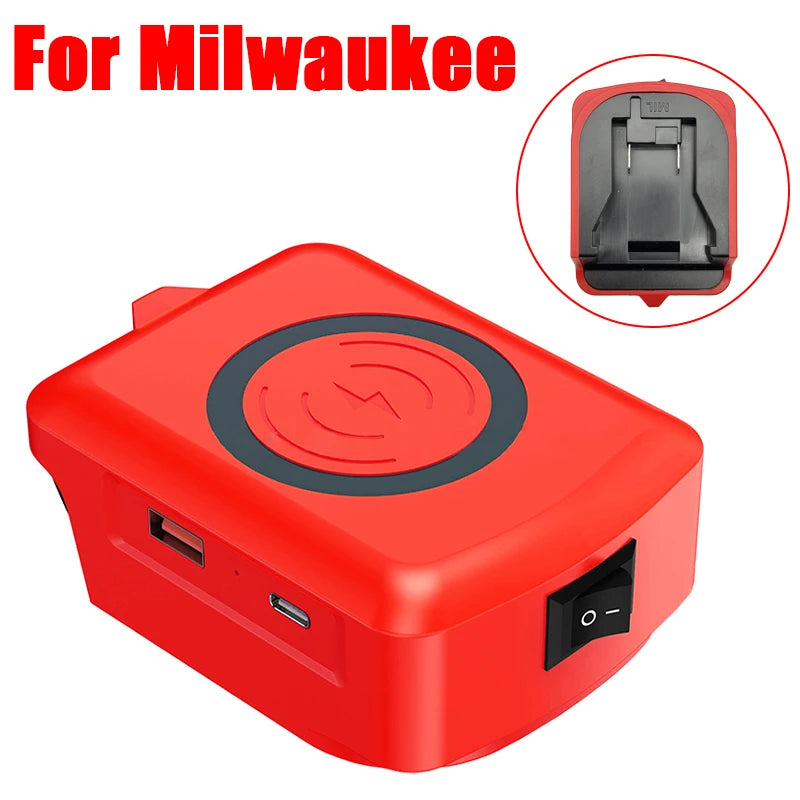 Wireless Charger Adapter 18V Lithium Battery Charging Station with Type-C&USB Port for Makita for Dewalt for Milwaukee for Bosch