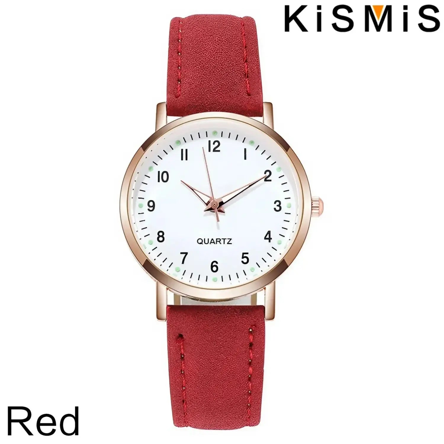 Women quartz watch with red pu leather strap, rose gold-tone case, and white minimalist dial.