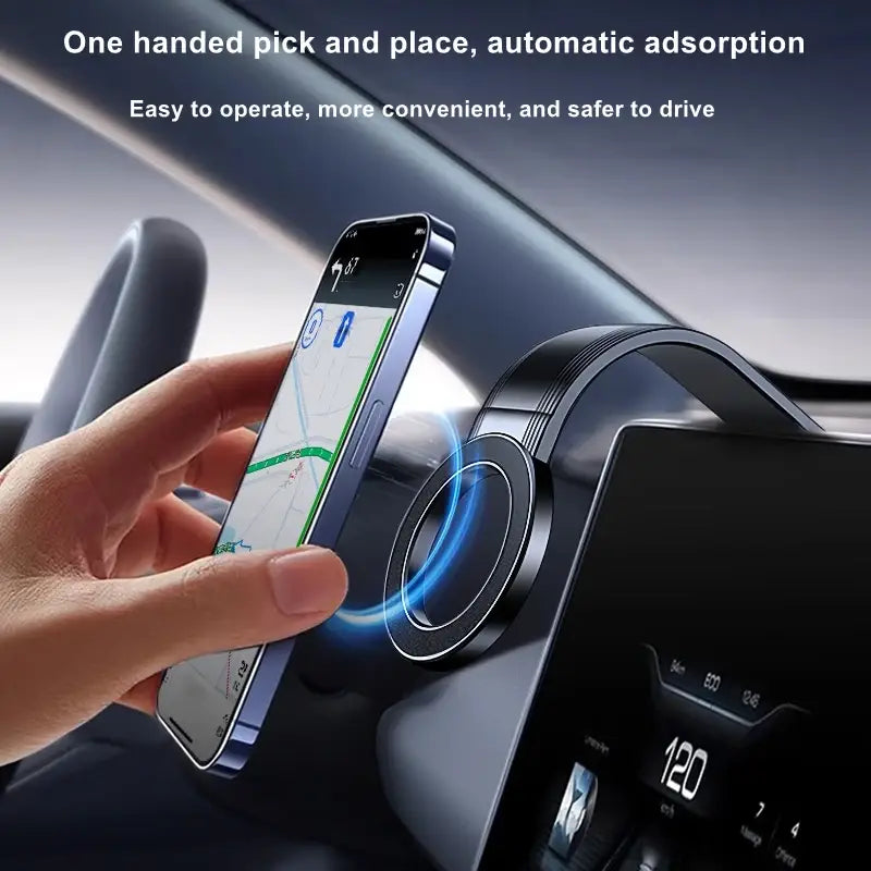 support de téléphone pour voiture magnétique noir avec un design circulaire épuré, présenté de face, pour un maintien sûr à une seule main dans un véhicule.
