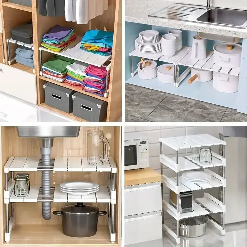 white multi-tiered layered partition rack with slatted design and chrome metal frame designed as a telescopic sink holder for under-sink or cabinet organization