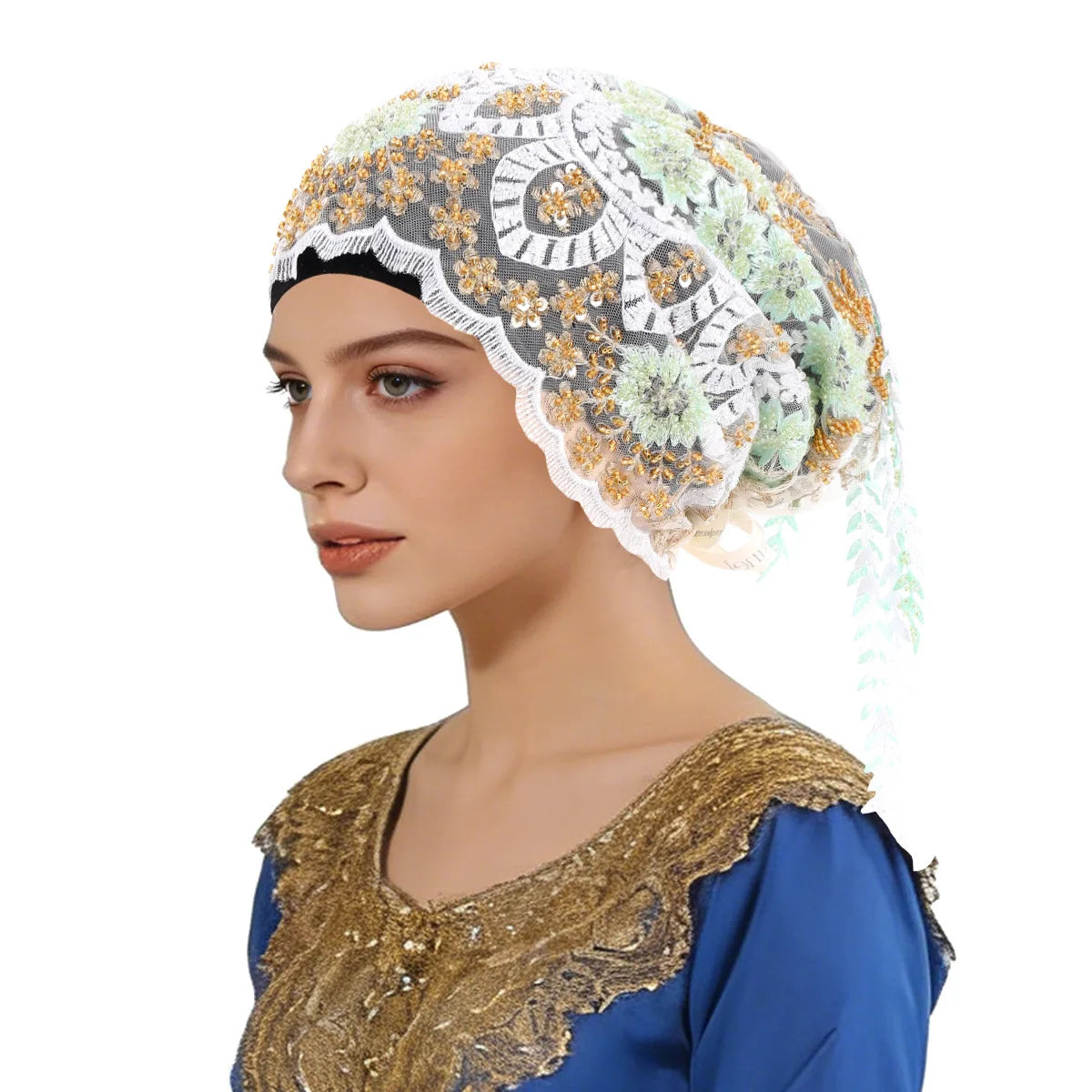 New Ethnic Tassel Headscarf Beaded Embroidery Turban Luxury Tassel Bonnet Women Muslim Hijab Lace Wedding Party Headwear Beanies