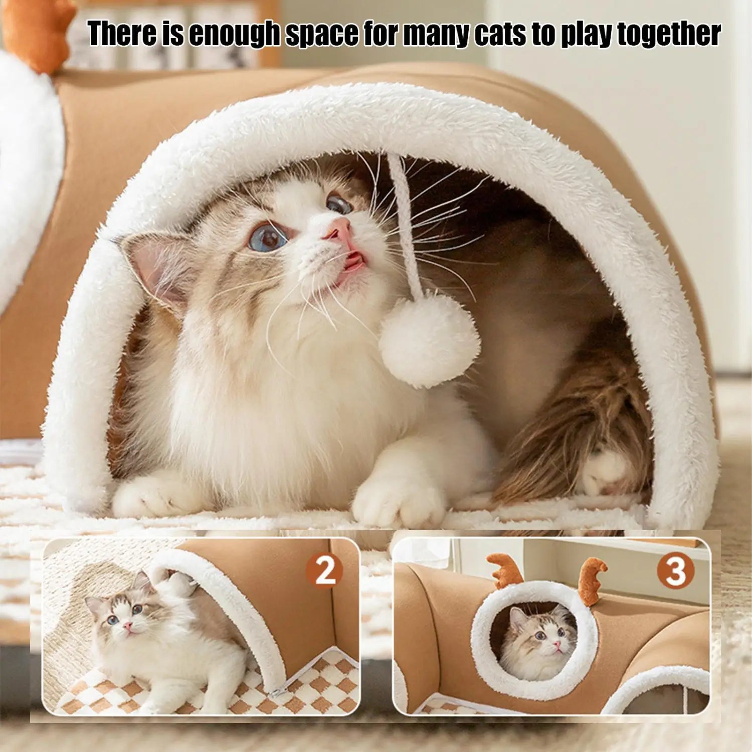 a cozy tan and white plush cat tunnel bed with a soft fuzzy interior lining designed as a corner hideaway with antlers