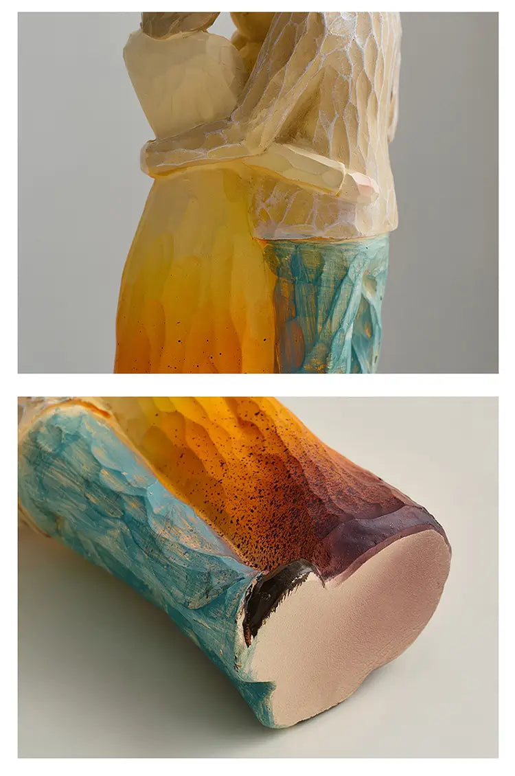 Hand-carved wooden resin family figurine of two embracing figures painted with a gradient from warm yellow to cool teal and purple for abstract art home decor.