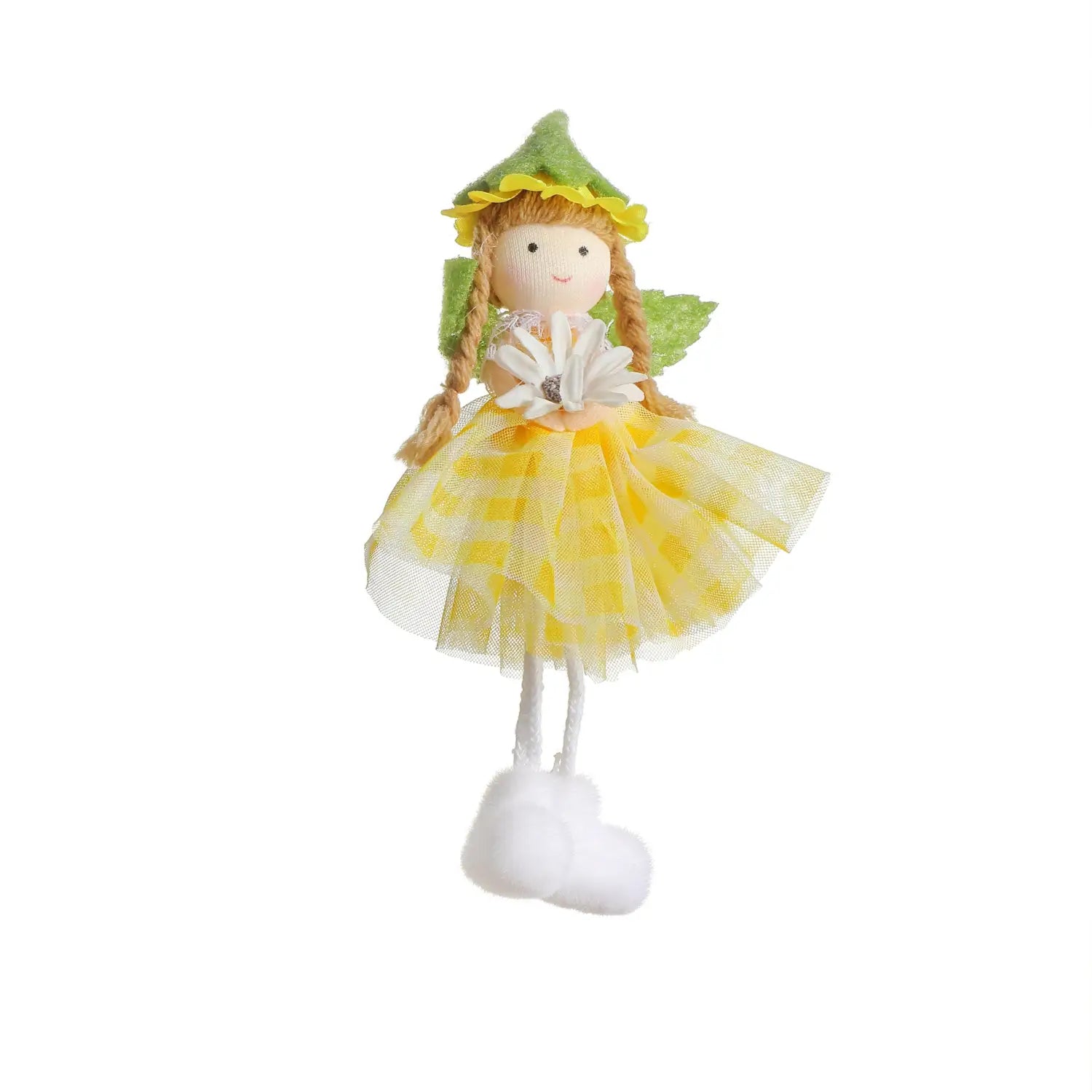 a charming yellow and green fairy doll with a checkered tulle skirt, leafy hat, braided hair, and white cloud feet in an Easter fairy hanging ornaments 4-pack