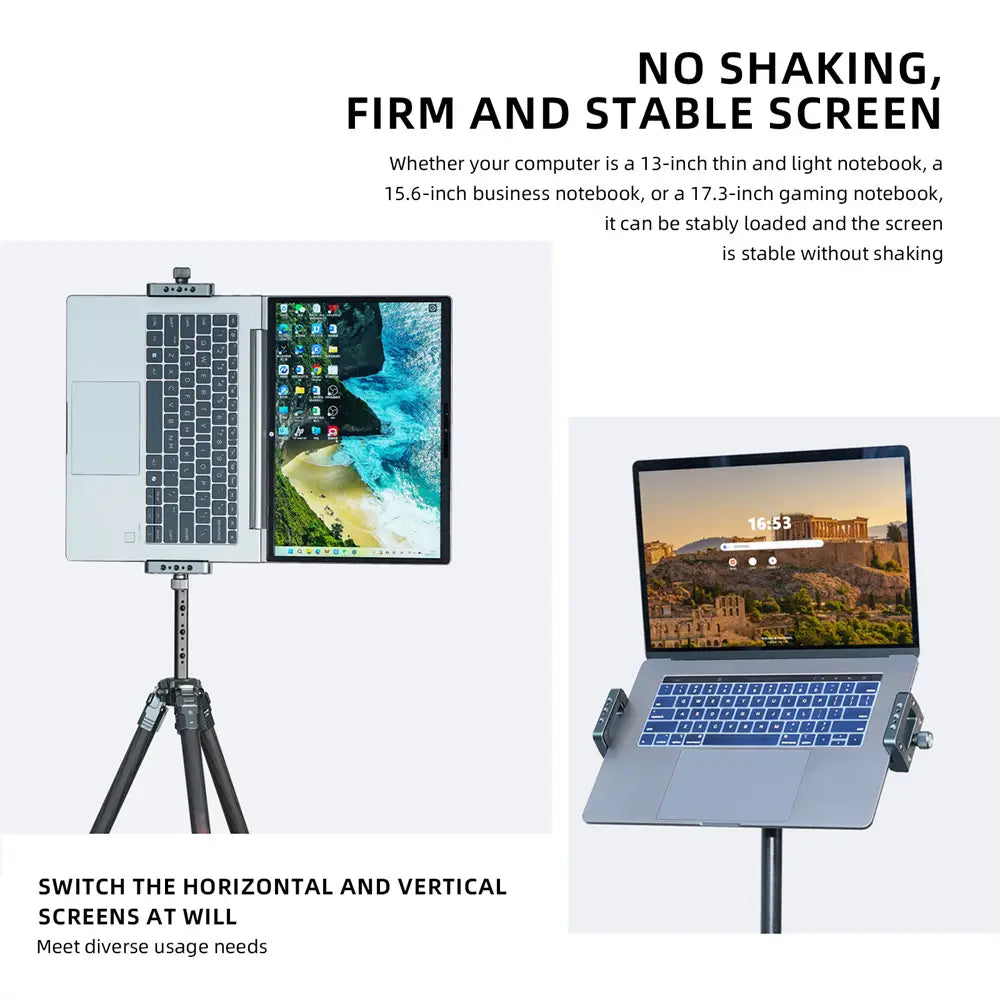 Black aluminum vertical laptop stand for tripods with adjustable arms for stable screen support shown from the back side