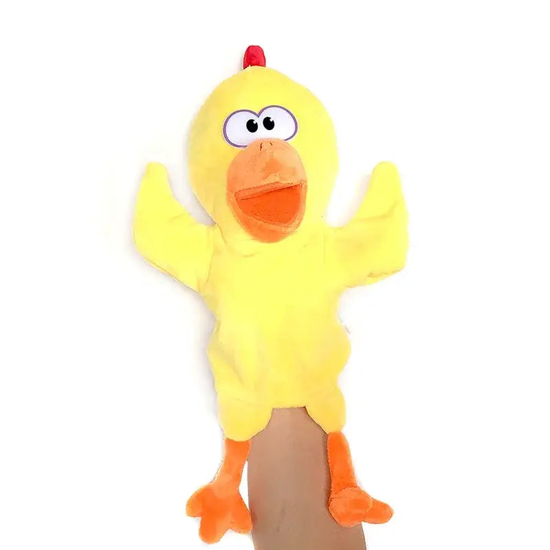 yellow plush chicken hand finger puppet with orange beak feet and red comb as part of educational baby toys featuring lion elephant bunny designs