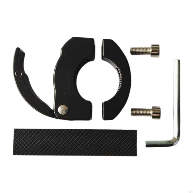 Black metal aluminum bike handlebar bag hook with adjustable clamping mechanism and included hardware for scooters.