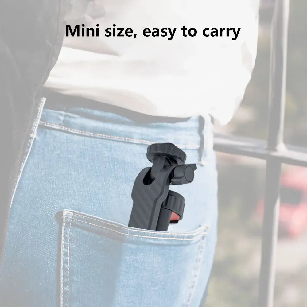 compact black plastic phone tripod mount with 360 rotating dual cold shoe and adjustable grip quick-release clamp selfie stick
