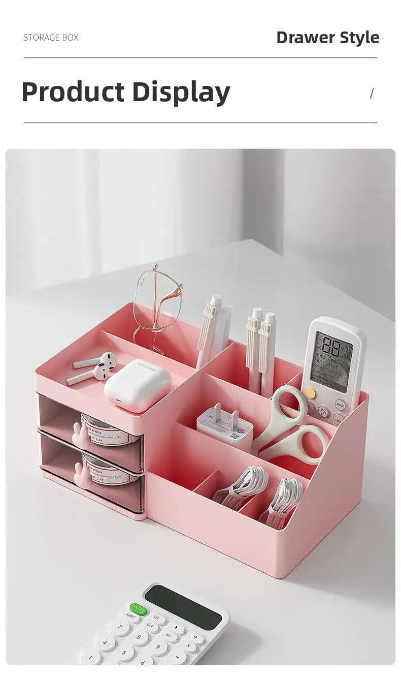Pink drawer style storage box with large capacity and multiple sliding compartments in modern minimalist style featuring a bunny handle cream organizer.