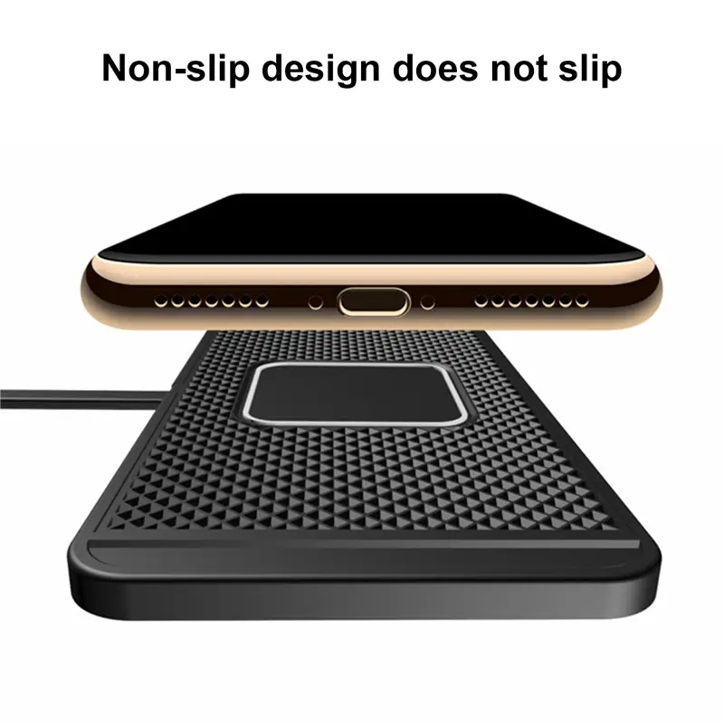 Black textured wireless charging pad with a central rectangular charging area designed for 15w fast wireless car charger use.