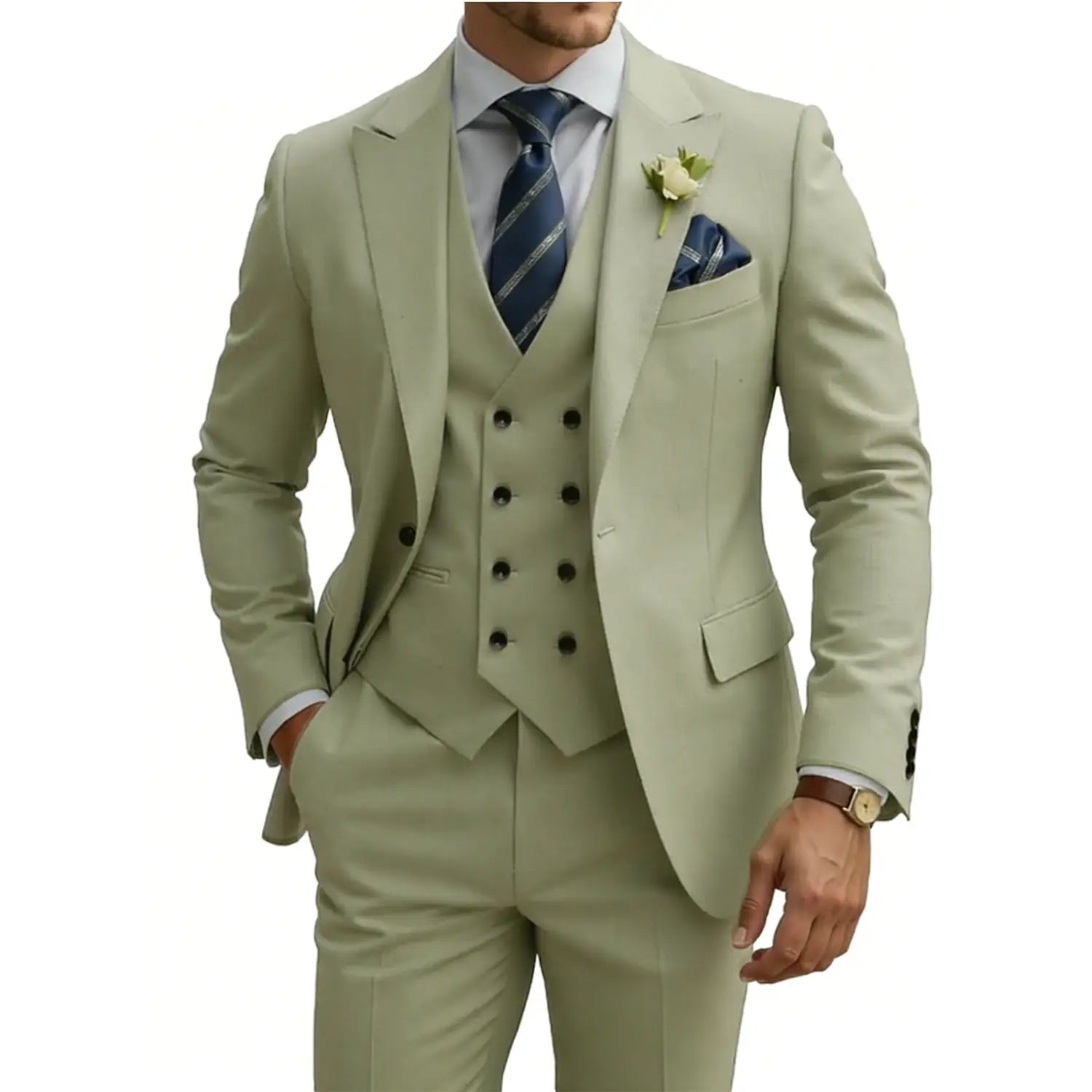 Un costume trois pièces beige vert clair pour hommes, taillé, en coupe croisée double boutonnage, avec un tissu texturé, des boutons noirs et un pantalon assorti.
