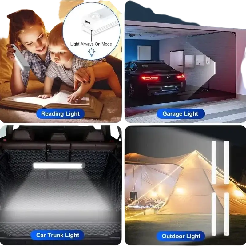 White LED bar light shown from the front with USB rechargeable motion sensor for reading and outdoor use