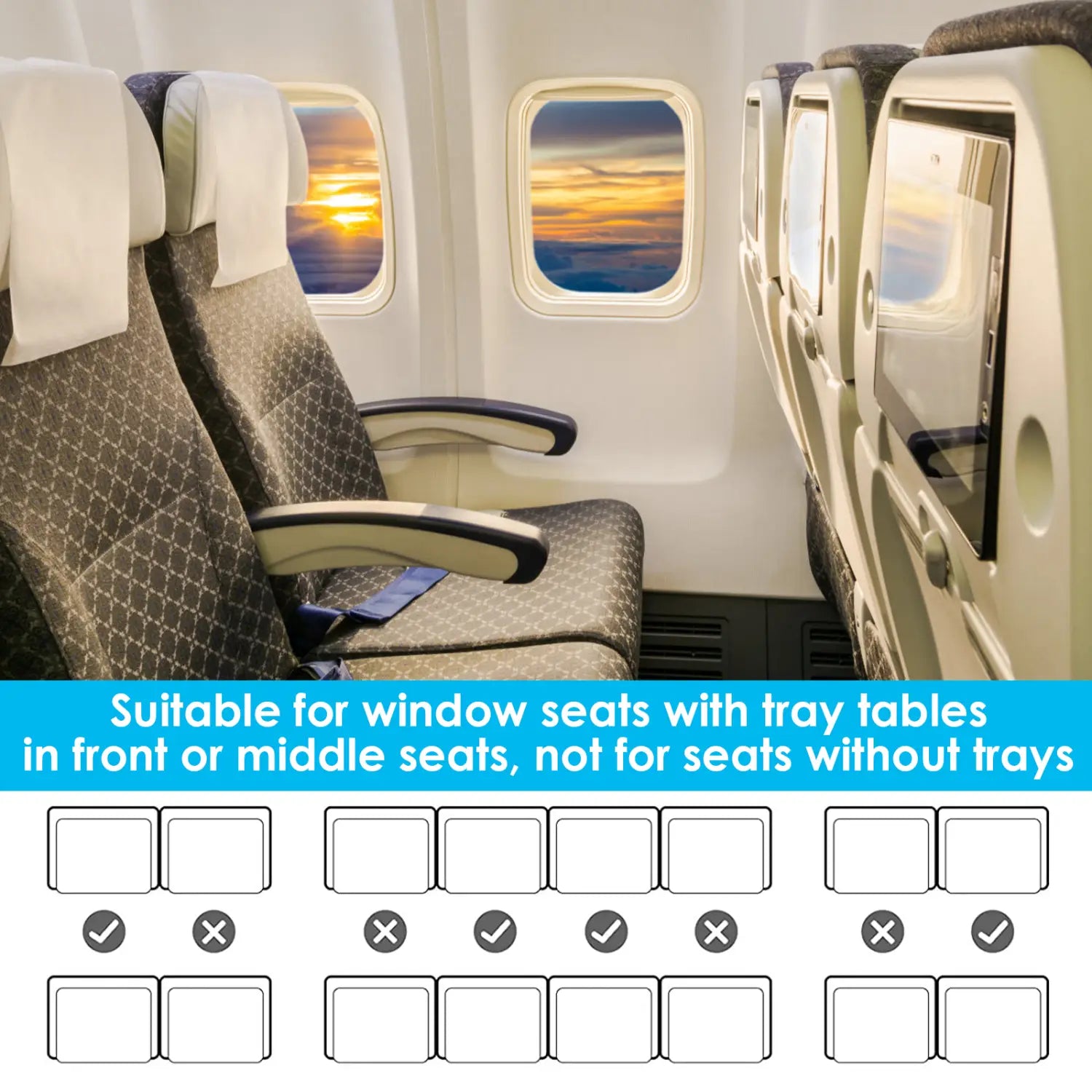 Tablett für den Fensterplatz mit weißem Kunststoffrahmen und schwarzer Stoffoberfläche, ausgelegt, um passgenau in Fensterplätze im Flugzeug für den Aufsatz für den Kindersitz im Flugzeug als Reisebett für Kleinkinder zu passen.