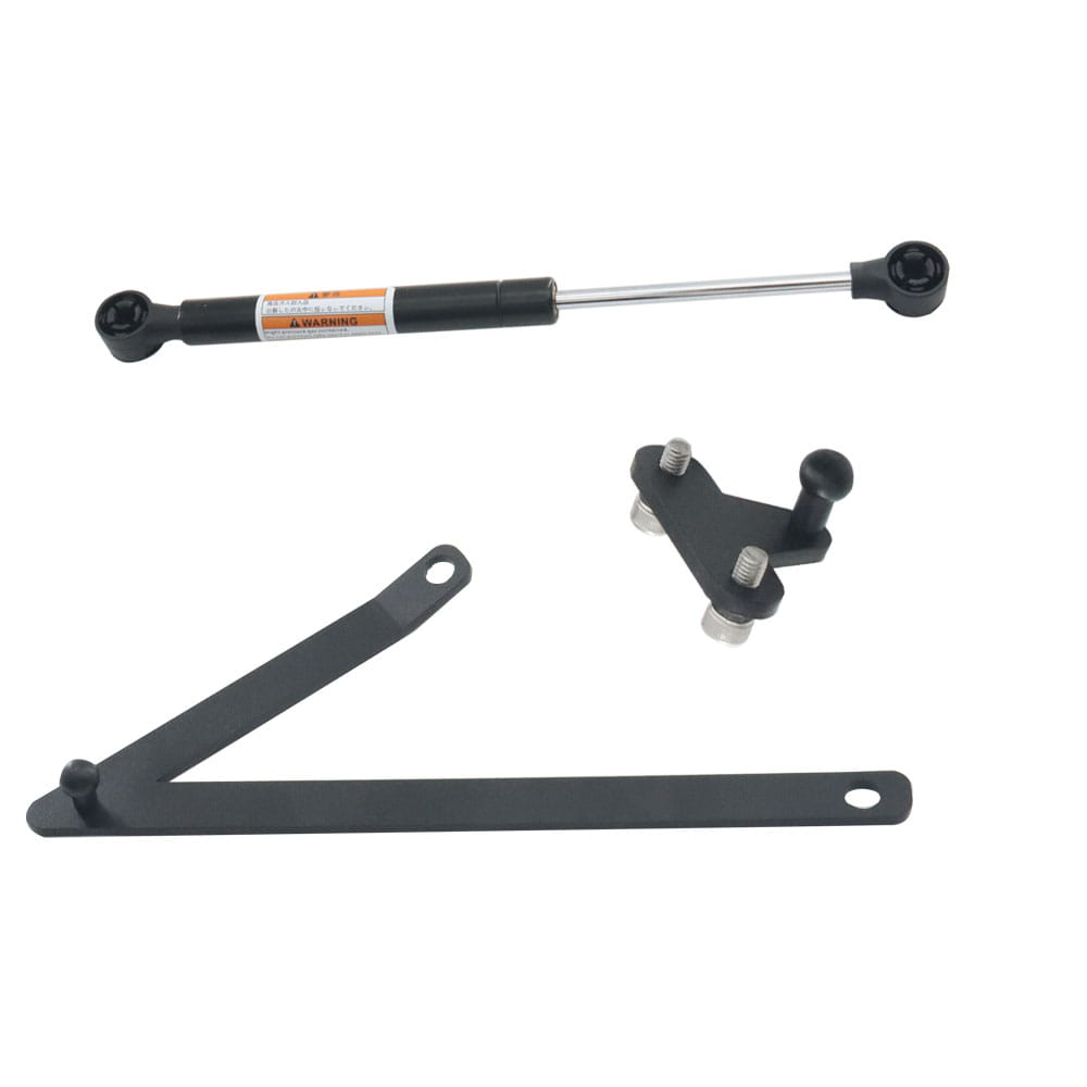 Black gas spring with chrome piston rod and mounting brackets shown from the back side for Harley Touring trunk support rod 2014-2023