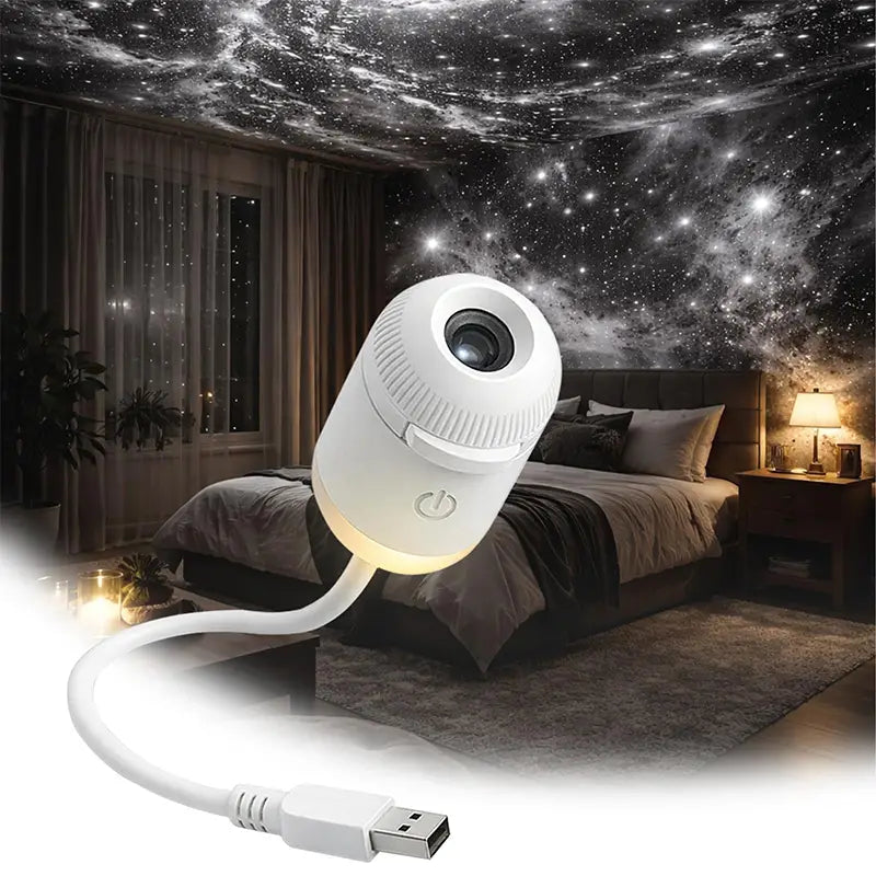 Weiße USB-betriebene Deckenprojektor-Nachtlicht-Einheit mit schlankem zylindrischem Design und strukturierter Grifffläche, geeignet als USB-Autolicht mit LED-Sternen für nächtliche Beleuchtung.