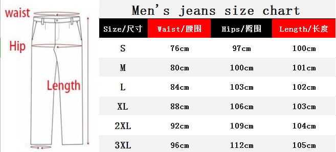 Größentabelle für Männer rissen schmale Jeans mit Bund-, Hüft- und Längenmessungen für Größen von S bis 3XL.